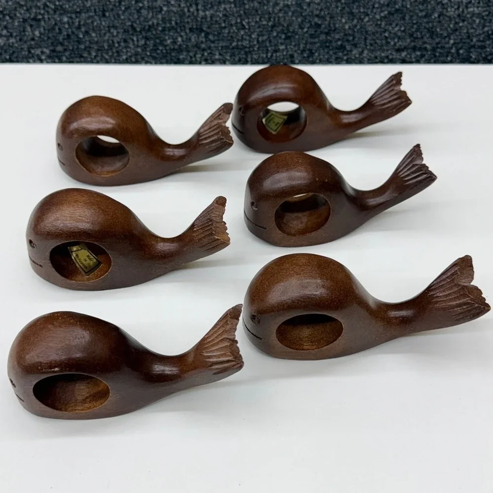 Vintage Hand Carved Wood Whale Napkin Rings Set of 6 Dark Brown Nautical Coastal